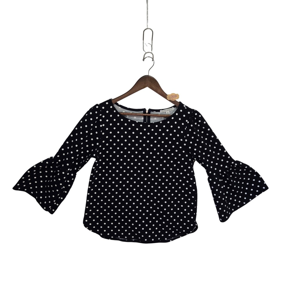 Green Envelope Los Angeles Navy Polka Dot Bell Sleeve Blouse Size M
